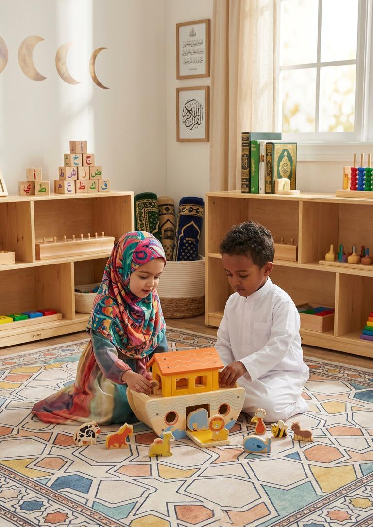 Two children playing with a toy boat on a colorful rug in a playroom setting.